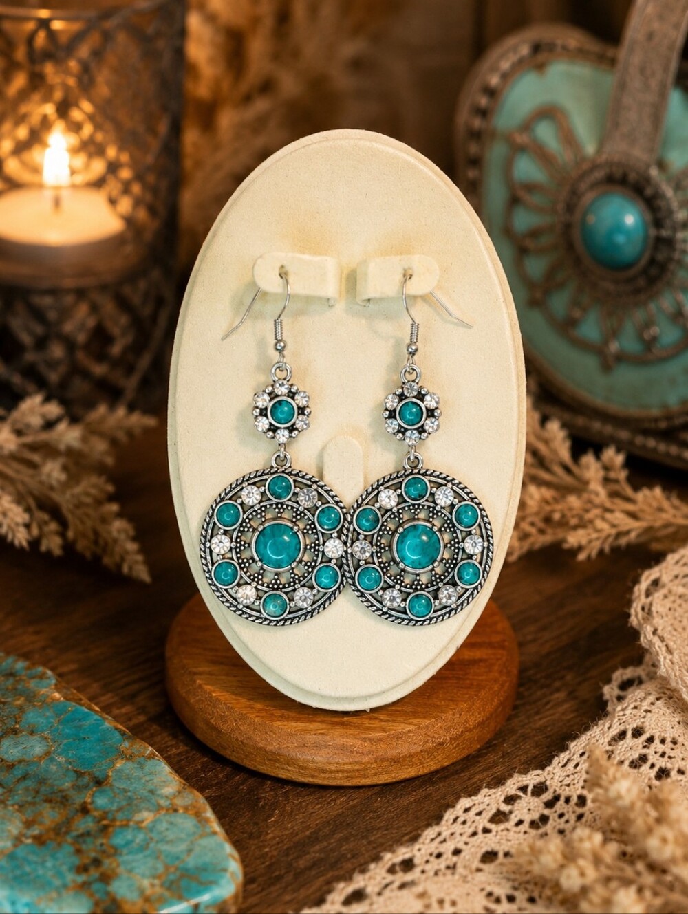 🕯Turquoise Statement Earrings Silver Tone Boho Western Medallion Dangle